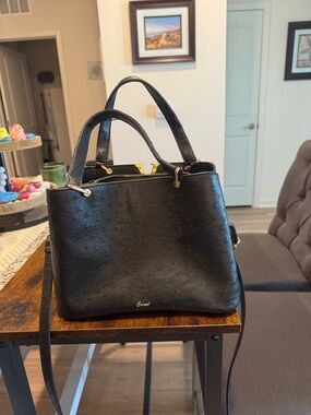 Black Croc-Embossed Satchel with Gold Trim